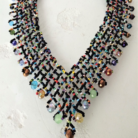 Enchanted Jewelry - Czech Glass Bead Black Multi-Color "V" NECKLACE